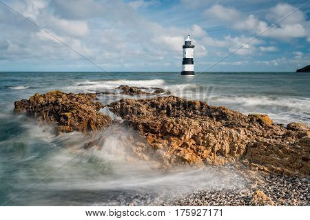 View of Trwyn Du Lighthouse at Penmon Point in North Wales