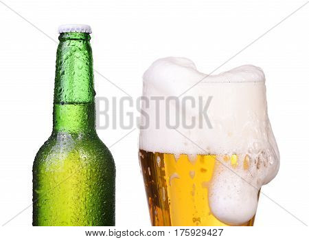 Isolated Bottle With Beer And Glass With Foam Beer