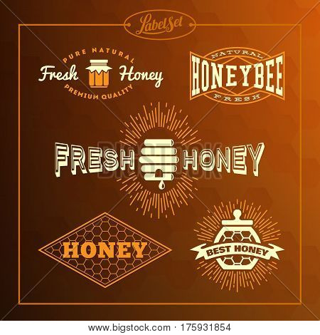 Templates for badges labels tags for honey bee product. Set 13. Vector illustration.