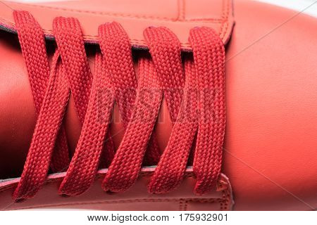 Fashion shoes with shoestring. Red sneaker and shoelace isolated on white background