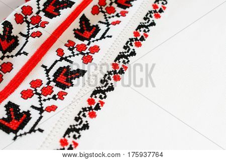 Slavic Cross Stitch by Red and Black Threads in the View of Viburnum. Ukrainian Folk Embroidery Pattern. Hemming.