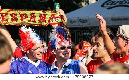 spain and french football fans before the match in Donetsk in june 2012 on European cup