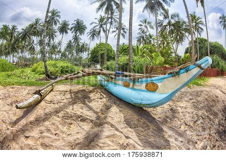 traditional fishing boat on the ocean beach in Sri Lanka