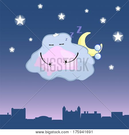 Cute cloud character cartoon vector illustration. Sleepy cloud above retro town rooftop. Night sky with shiny stars and cloud with moon. Cute cloud character sleep with pillow. Vintage town background