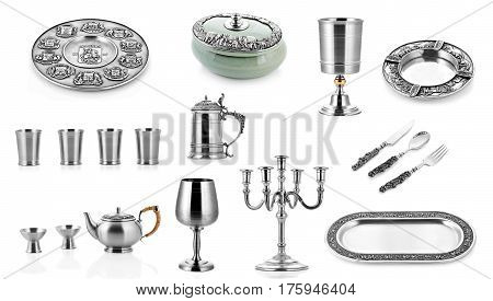Set of silver ware, silver cutlery, white background