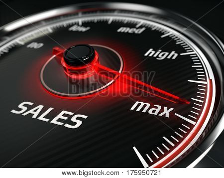 Great Sales - sales speedometer with needle points to the maximum. 3d rendering