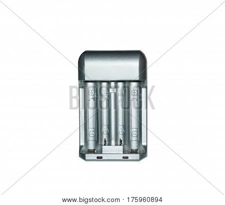 Charger for rechargeable batteries on a white background.