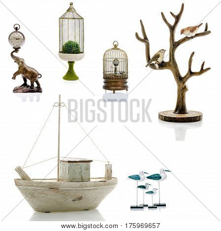 Decorative figurines, statuette, accessories for an interior, isolated white background