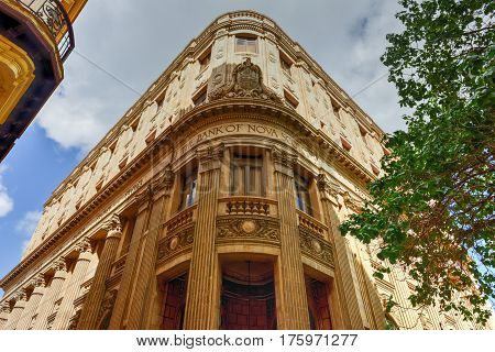 Havana, Cuba - January 8, 2017: The Bank of Nova Scotia building in Havana Cuba.