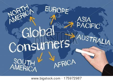 Global Consumers - text with arrows on world map background