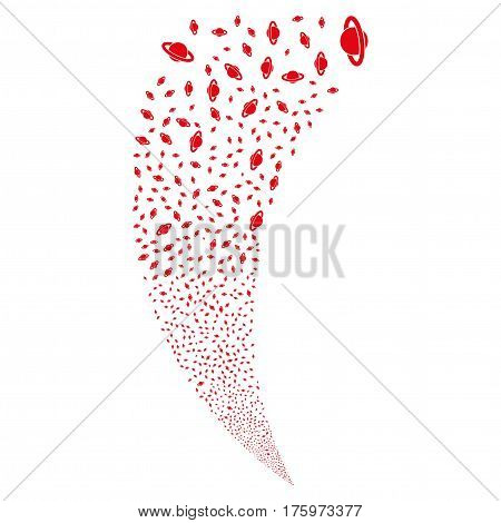 Planet Saturn random fireworks stream. Vector illustration style is flat red iconic symbols on a white background. Object fountain made from scattered pictographs.