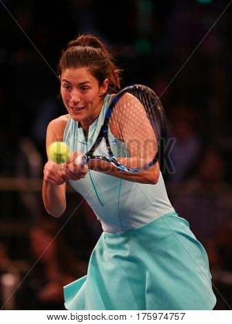 NEW YORK - MARCH 6, 2017: Grand Slam champion Garbine Muguruza of Spain in action during  BNP Paribas Showdown 10th Anniversary tennis event at Madison Square Garden in New York
