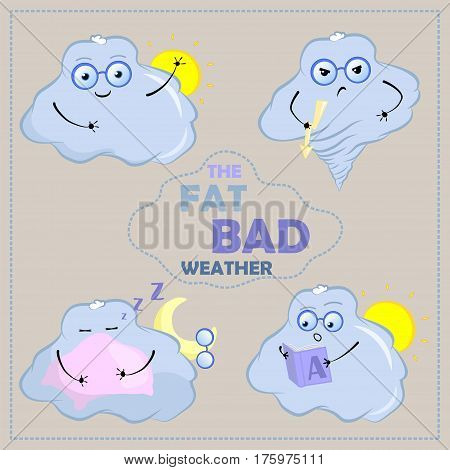 Cute cloud characters vector clipart. Cloud with face and glasses. Funny stickers with emotions. Good mood angry sleepy surprised. Bad weather character for weather forecast nursery art and design