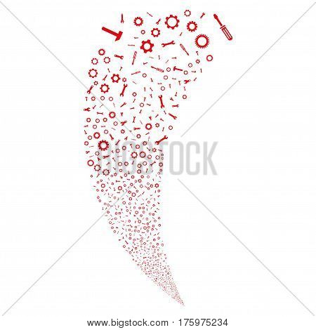Setup Tools random fireworks stream. Vector illustration style is flat red iconic symbols on a white background. Object fountain combined from scattered icons.
