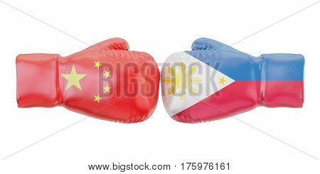 Boxing gloves with Philippines and China flags. Governments conflict concept 3D rendering