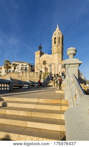 Vanishing point view of Iglesia de Sant Bartomeu i Santa Tecla in Sitges, Spain