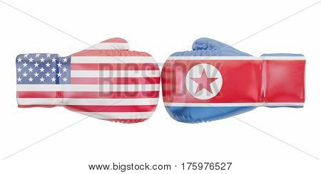 Boxing gloves with USA and North Korea flags. Governments conflict concept 3D rendering
