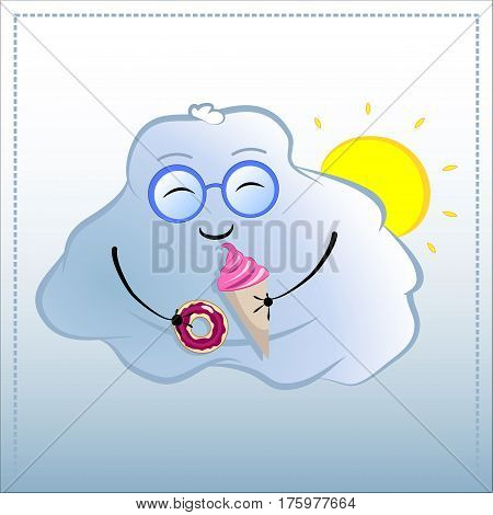 Cartoon character with donut and icecream. Cute Cloud in glasses vector illustration. Hand-drawn character for tasty dessert unhealthy food fat person bad habits happiness from sweets concepts