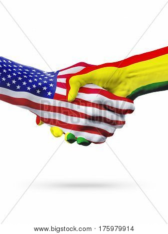 Flags United States and Bolivia countries handshake cooperation partnership and friendship or sports competition isolated on white