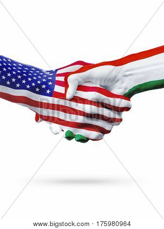 Flags United States and Hungary countries handshake cooperation partnership and friendship or sports competition isolated on white