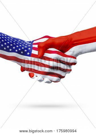 Flags United States and Indonesia countries handshake cooperation partnership and friendship or sports competition isolated on white