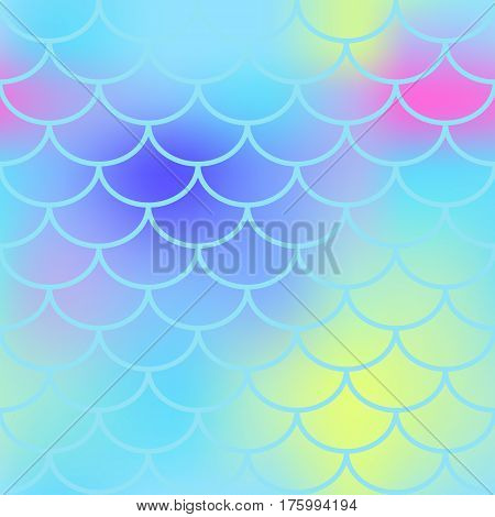 Light blue fish skin with scale pattern. Mermaid vector background. Fish scale seamless pattern. Pastel candy colored mermaid tail backdrop. Marshmallow color mix. Marine seamless pattern tile