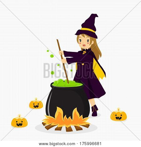 Witch stirring potion on a black cauldron vector.