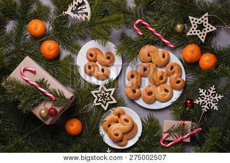 Traditional Swedish Christmas Saffron Buns (lussebulle Or Lussekatt). Swedish Christmas. Dark Backgr