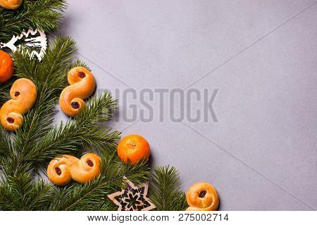 Frame With Traditional Saffron Buns, Tradition In Sweden At Lucia And Christmas, Xmas Decorations, I