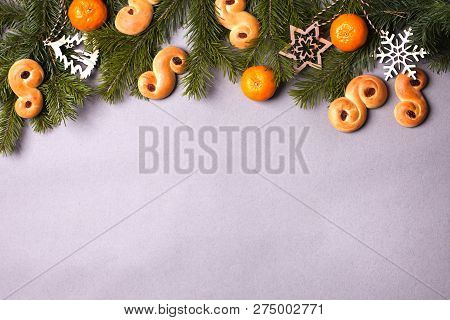 Frame With Traditional Saffron Buns, Tradition In Sweden At Lucia And Christmas, Xmas Decorations, I