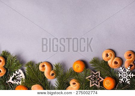 Frame With Traditional Saffron Buns, Tradition In Sweden At Lucia And Christmas, Xmas Decorations, I