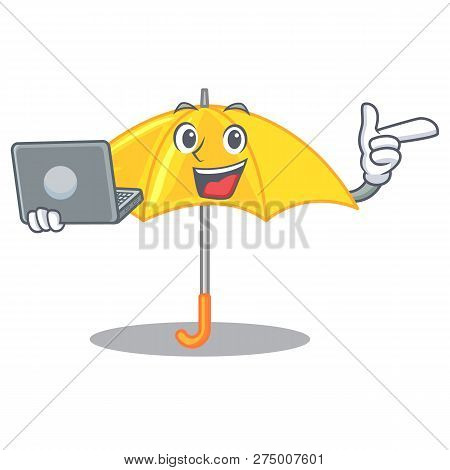 With Laptop Yellow Umbrella Isolated On A Mascot