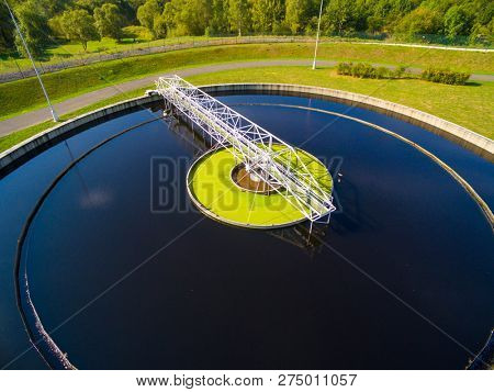  Aerial view to sewage treatment plant. Grey water recycling. Waste management in European Union.