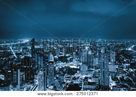 Aerial View Of Sathorn, Bangkok Downtown, Thailand. Financial District And Business Centers In Smart