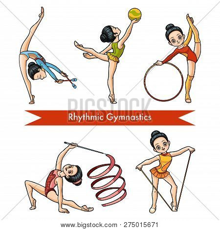 Vector Colorful Set Of Rhythmic Gymnastics.  Cartoon Girl With The Ball, With Clubs, Ribbon, Skippin