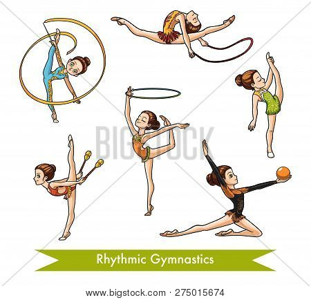 Vector Colorful Set Of Rhythmic Gymnastics.  Cartoon Girl With The Ball, With Clubs, Ribbon, Skippin