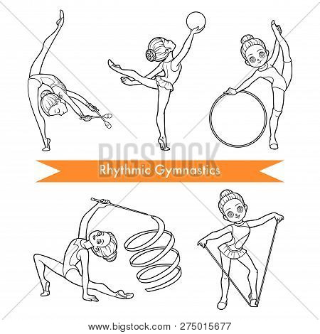 Vector Black And White Set Of Rhythmic Gymnastics.  Cartoon Girl With The Ball, With Clubs, Ribbon, 