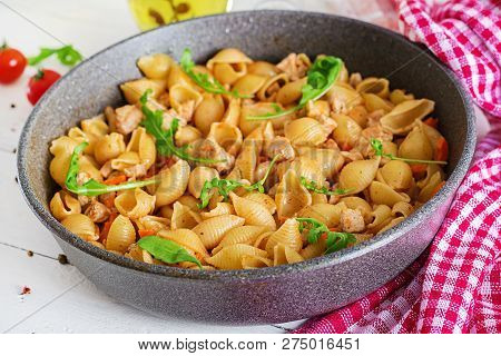 Italian Pasta Shells With Meat And Tomato Sauce. Conchiglie Pasta.