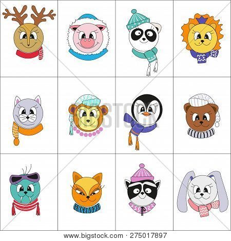 Cute Animals In Winter Clothes. Set Of 12 Color Vector Illustrations
