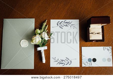 Stylish Invitation Card With Envelope, Rings And Boutonniere Groom
