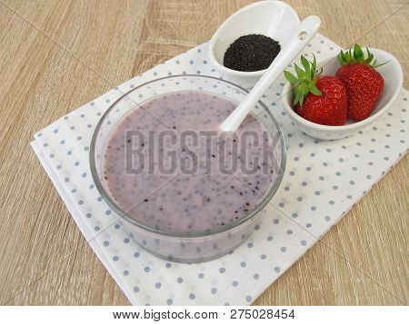 Strawberry Dessert With Basil Seeds In Glass Bowl