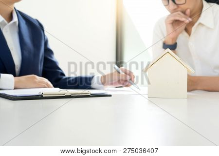 Business Man Woman Agreement To Sign For Contract For New Home Buy Or Rent