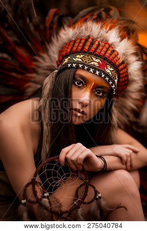 Native American. Indian Woman In Traditional Dress