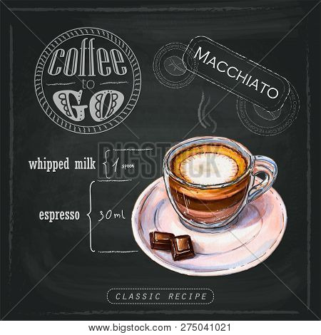 Illustration Of A Strong Macchiato With A Small Amount Of Milk Froth In The Middle Of A Cup. Proport