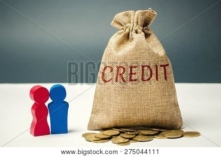 Bag Of Money With The Word Credit And Family. The Concept Of Accumulating Money To Repay A Loan. Sav