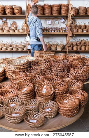 Camacha, Madeira, Portugal - April 19, 2018: Wicker Baskets On Sale In A Factory Shop In Camacha On 