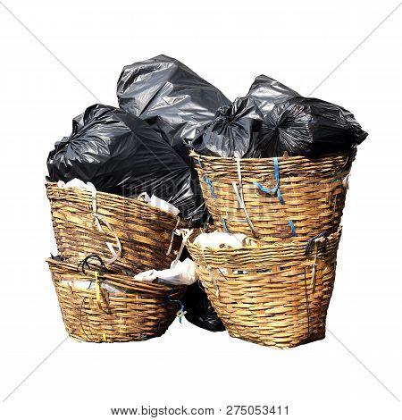 Garbage Is Pile Lots Dump Isolated White Background, Many Garbage Plastic Bags Black Waste In Basket