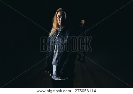 Girl Self Defense A Young Woman Sees A Suspicious Person Walking Behind Her And Plans To Defend Hers