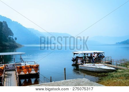 Umiam Lake, Shillong, Assam, India, December 15, 2017: Indian Tourists People Enjoying On Travel Hol