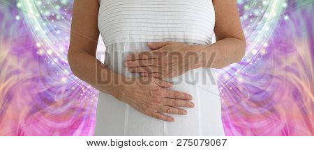 Giving My Solar Plexus And Sacral Chakras Some Reiki - Female Torso In White Dress With One Hand On 